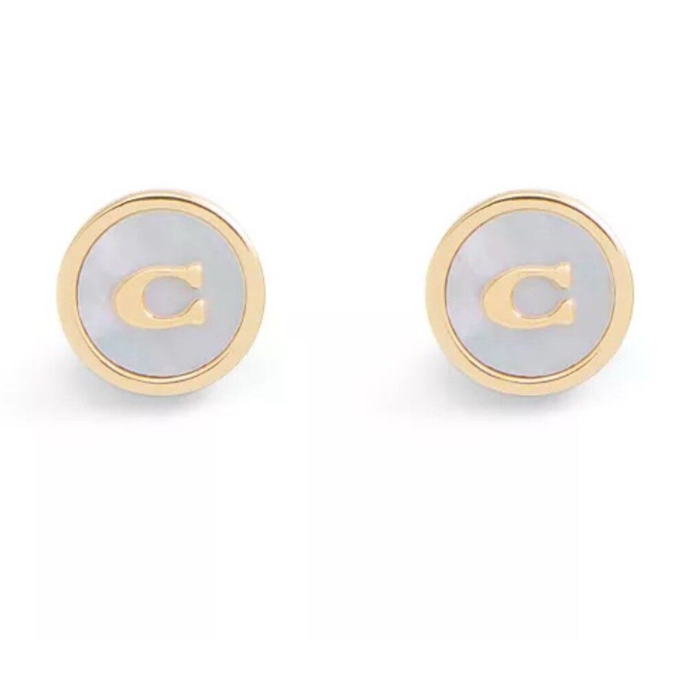 COACH STUD EARRINGS GOLD TONE Mother Of Pearl 0.4” NEW YORK SIGNATURE LOGO GIFT - Picture 2 of 14